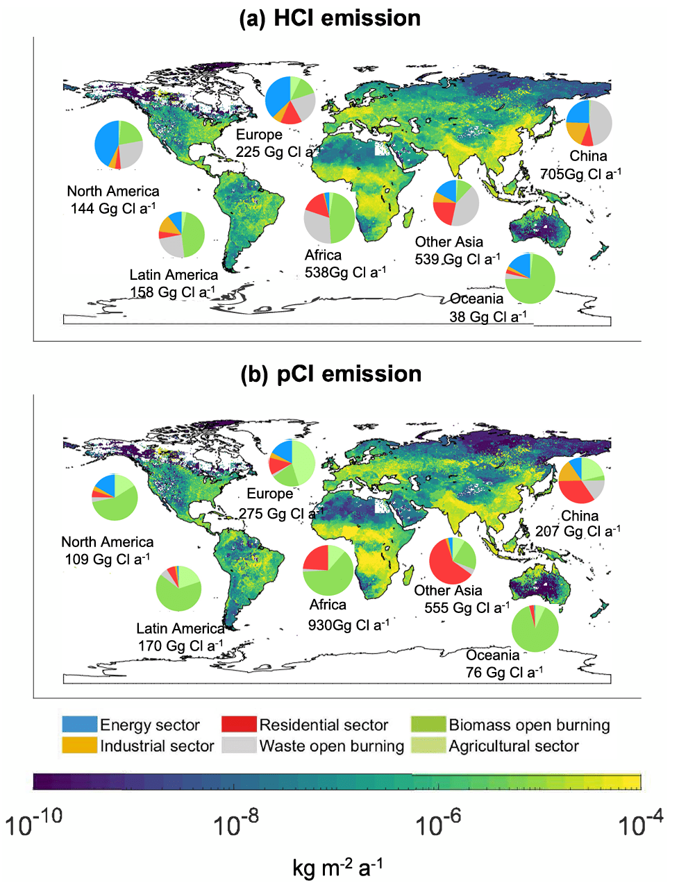 Global maps of continental hydrogen chloride and particulate chloride emissions by source sector