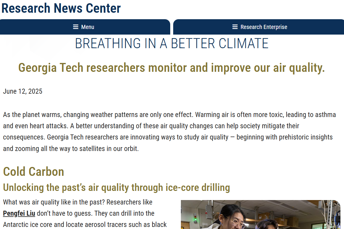 Georgia Tech Research News Center feature, Breathing in a Better Climate